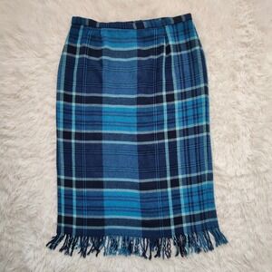 Vintage Plaid Wool Blend Midi Skirt Fringe Hem Blue Tartan Pencil 90s Grunge USA